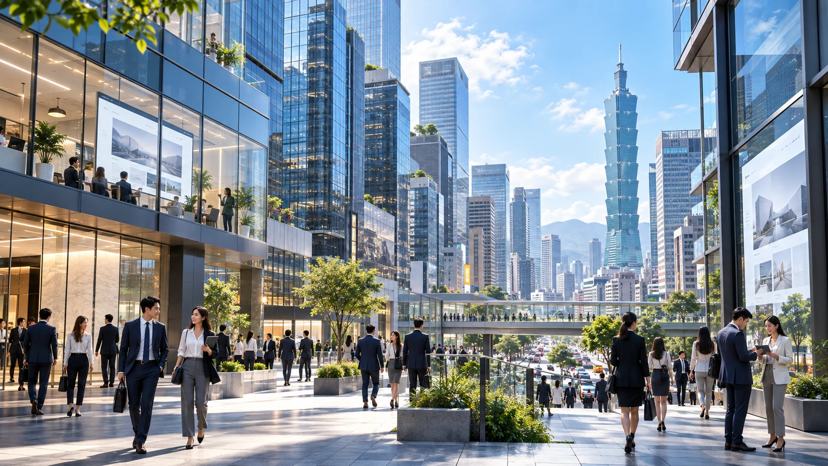 台北信義商圈與企業總部聚集的商務街景示意圖